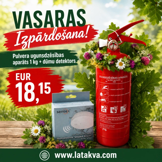 Vasaras piedāvājums: 1 kg pulvera ugunsdzēsības aparāts un dūmu detektors
