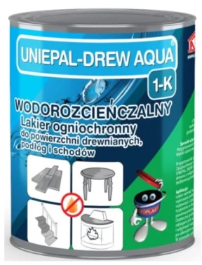 Fire-resistant protective wood varnish Uniepal Drew Aqua 1-K (Flooring, Stairs, Furniture)